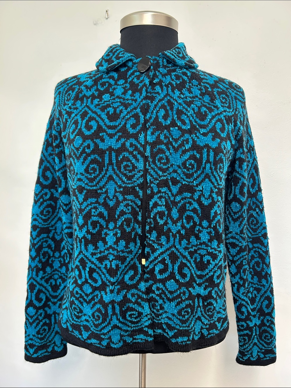 Kate Hill Petite Vintage Y2K Grandmacore Blue & Black Sweater Cardigan Women M
